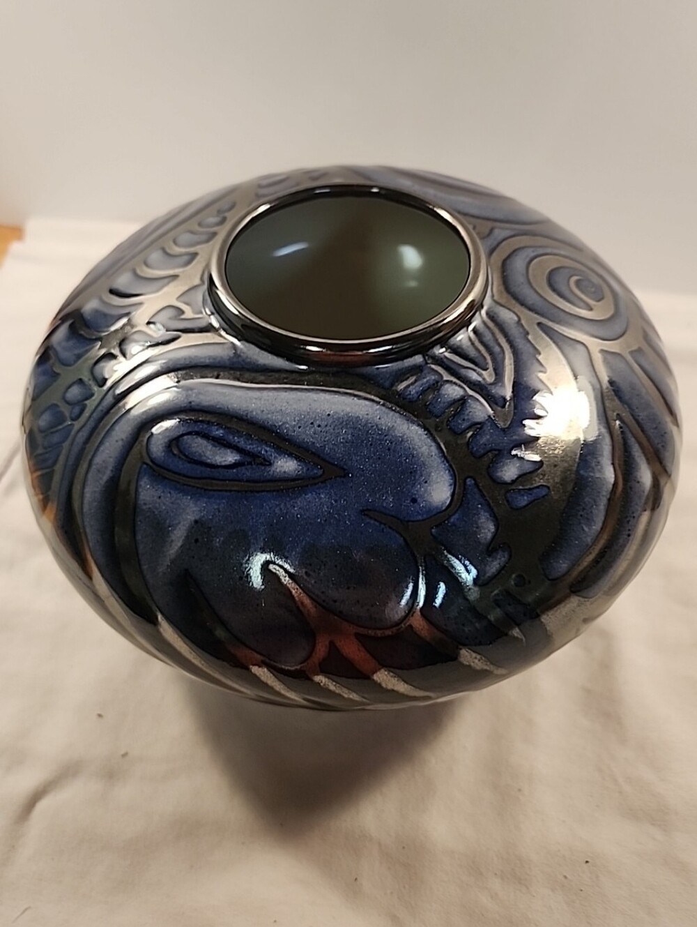 Vtg Mahmoud Baghaeian Pottery Vase Signed MB 1993 #23 Blue Silver Luster Swirl